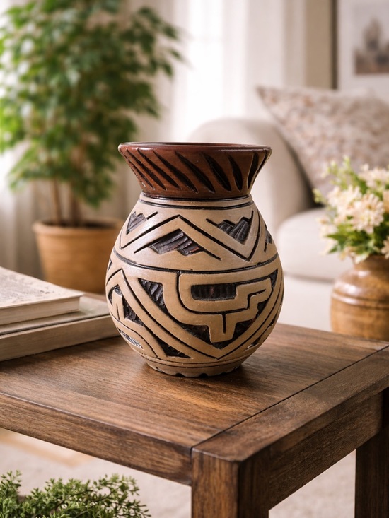 Marajoara Vase Other - Hand Carved Mexican Redware Pottery Vase Tribal Marajoara Style Boho Decor